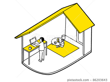 一個在房子的站立式辦公桌上看筆記本電腦的人,旁邊是一個孩子,黃色版本 一個在房子的站立式辦公桌上看筆記本電腦的人,旁邊是一個孩子,黃色版本 86203643