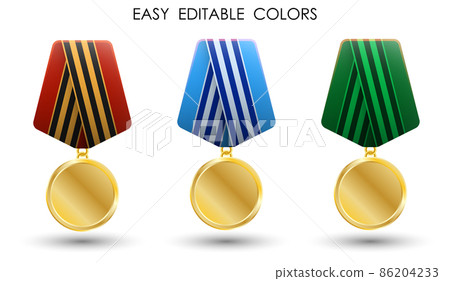 Realistic medal of soldier, military round order, badge of distinction for courage and bravery in battle. Vector isolated on white background Realistic medal of soldier, military round order, badge of distinction for courage and bravery in battle. Vector isolated on white background 86204233