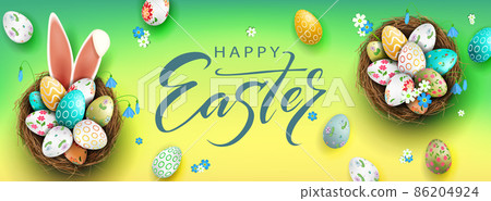 Easter composition with a gradient of green and yellow shades, eggs in a basket, bunny ears, snowdrops flowers Easter composition with a gradient of green and yellow shades, eggs in a basket, bunny ears, snowdrops flowers 86204924
