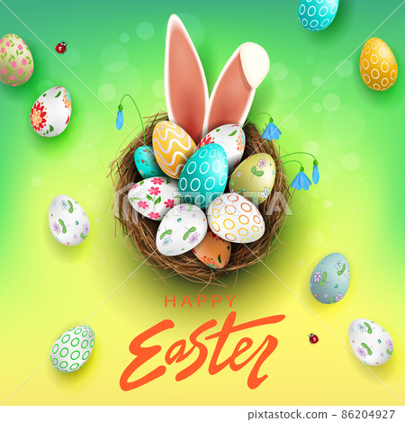 Easter composition with a gradient of green and yellow colors, eggs in the nest, bunny ears, snowdrops flowers Easter composition with a gradient of green and yellow colors, eggs in the nest, bunny ears, snowdrops flowers 86204927