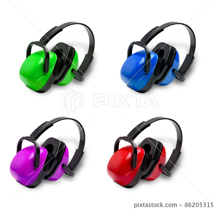 set of earphones to work at the machine cut out on white background 86205315