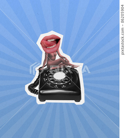 Slim young girl with open mouth instead head sitting on big retro phone. Contemporary art collage. Surrealism. 86205904