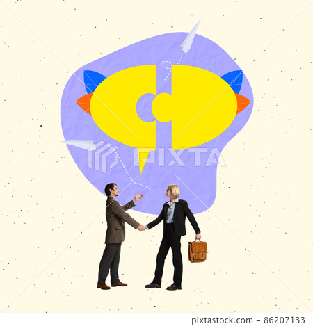 Contemporary art collage. Business partners shaking hands due to successful deal Contemporary art collage. Business partners shaking hands due to successful deal 86207133