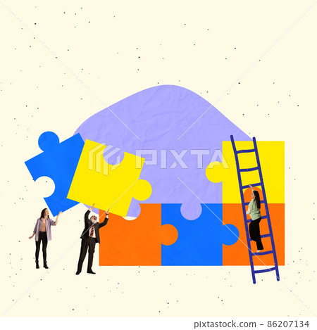 Contemporary art collage. Employees, business people connecting puzzles symbolizing teamwork Contemporary art collage. Employees, business people connecting puzzles symbolizing teamwork 86207134