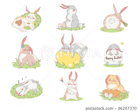 Happy Easter bunnies set. Vector illustrations. Happy Easter bunnies set. Vector illustrations. 86207370