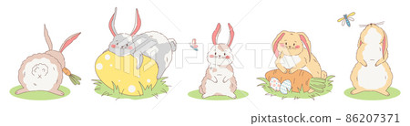 Set of cute fluffy hand drawn bunnies. Vector illustration collection of easter rabbits. Set of cute fluffy hand drawn bunnies. Vector illustration collection of easter rabbits. 86207371