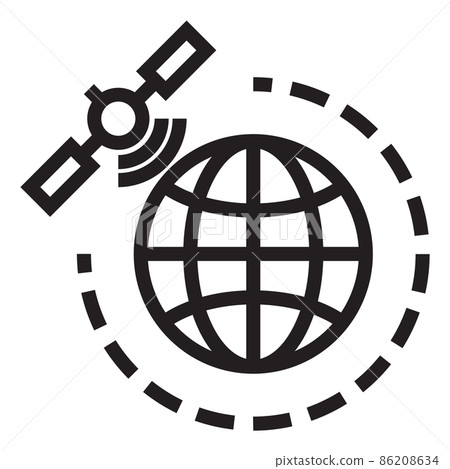 Orbiting satellite icon. Spacecraft moving around globe 86208634