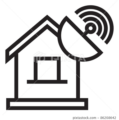 Home antenna icon. . Satellite dish on house roof. Tv receiver 86208642