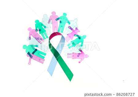 Rare Disease Day Background. Colorful awareness ribbon with group of people with rare diseases. 86208727