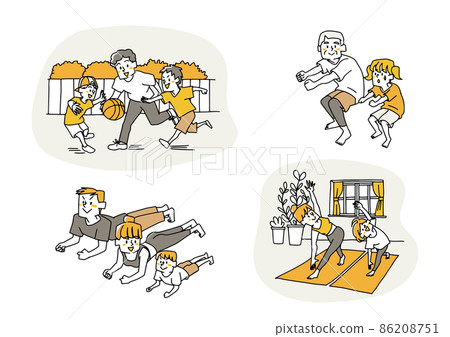 A happy family who enjoys exercising together, a comical handwritten person, a vector, and simple coloring of line drawings. A happy family who enjoys exercising together, a comical handwritten person, a vector, and simple coloring of line drawings. 86208751