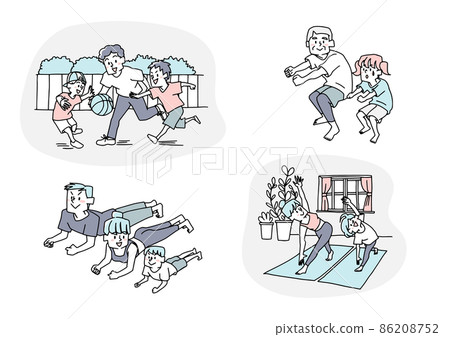 A happy family who enjoys exercising together, a comical handwritten person, a vector, and simple coloring of line drawings. 86208752