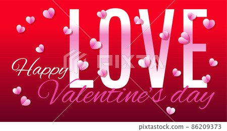 Happy Valentine's day. Vector illustration. 3d pink paper hearts with word love. Cute love sale banner or greeting card on isolated red background Happy Valentine's day. Vector illustration. 3d pink paper hearts with word love. Cute love sale banner or greeting card on isolated red background 86209373