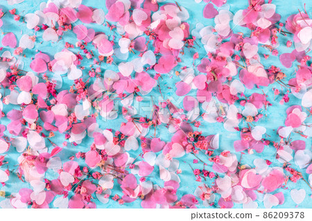 Valentine day or wedding background with paper pink hearts and rose flowers 86209378