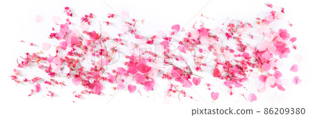 Valentine day panorama with pink hearts and flowers confetti, a flat lay Valentine day panorama with pink hearts and flowers confetti, a flat lay 86209380