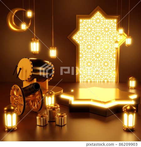 Islamic product display mock up. Podium, crescent moon, lantern, gift box. Ramadan, Islamic New Year. 3D rendering. 86209903