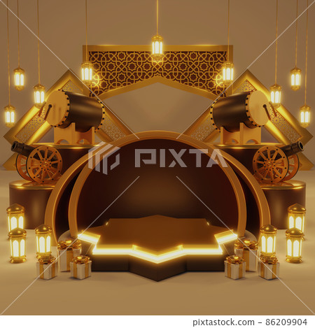Islamic product display mock up. Podium, crescent moon, lantern, gift box. Ramadan, Islamic New Year. 3D rendering. 86209904