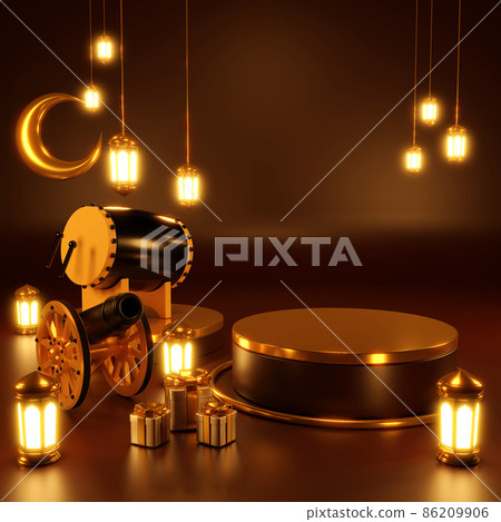 Islamic product display mock up. Podium, crescent moon, lantern, gift box. Ramadan, Islamic New Year. 3D rendering. 86209906