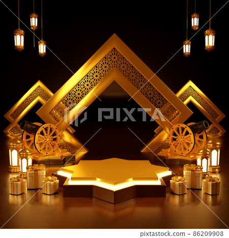 Islamic product display mock up. Podium, crescent moon, lantern, gift box. Ramadan, Islamic New Year. 3D rendering. 86209908