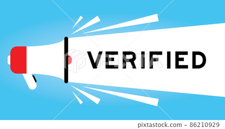 Color megphone icon with word verified in white banner on blue background Color megphone icon with word verified in white banner on blue background 86210929