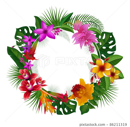 Tropical wreath with exotic flowers. Green round frame Tropical wreath with exotic flowers. Green round frame 86211319