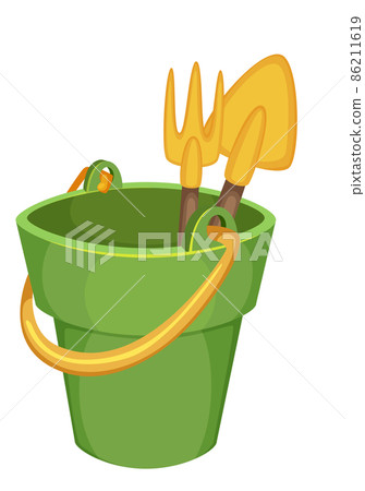 Sandbox toys. Child bucket with plastic shovel and rake Sandbox toys. Child bucket with plastic shovel and rake 86211619