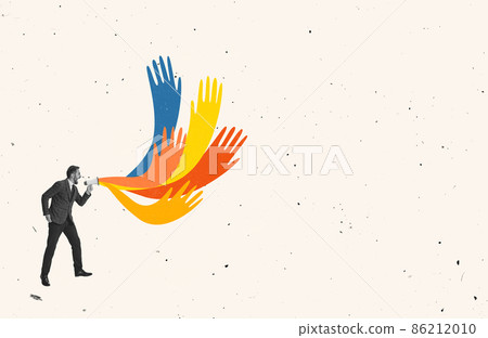 Contemporary art collage of businessman shouting in megaphone with multicolored splashes symbolizing diversity of opinion Contemporary art collage of businessman shouting in megaphone with multicolored splashes symbolizing diversity of opinion 86212010