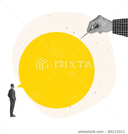 Creative design. Contemporary art collage of hand puncturing giant speech bubble symbolizing rejection of arguments Creative design. Contemporary art collage of hand puncturing giant speech bubble symbolizing rejection of arguments 86212011