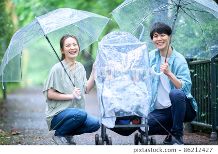 Family taking a walk on a rainy day 86212427