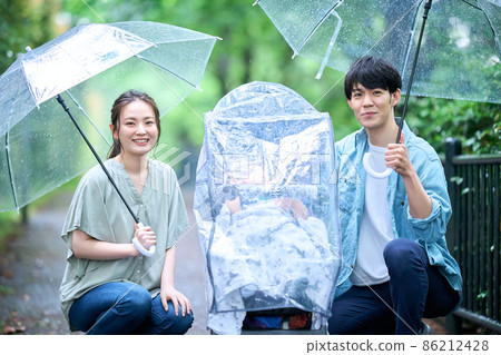 Family taking a walk on a rainy day Family taking a walk on a rainy day 86212428
