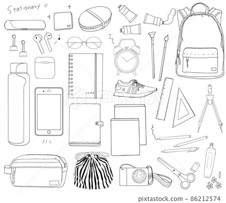 Stationery goods for the new semester of spring Hand-painted fashionable monotone illustration set Vector material 86212574