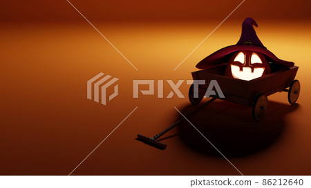 Halloween Funny Lantern Jack Pumpkin Sitting in Little Wooden Wagon. Rendering from 3D. Halloween Funny Lantern Jack Pumpkin Sitting in Little Wooden Wagon. Rendering from 3D. 86212640