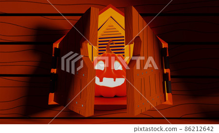 Halloween Funny Lantern Jack Pumpkin Peeking out From the Window. Rendering from 3D. Halloween Funny Lantern Jack Pumpkin Peeking out From the Window. Rendering from 3D. 86212642