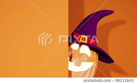 Halloween Funny Lantern Jack Pumpkin in Witch Hat. Rendering from 3D. Halloween Funny Lantern Jack Pumpkin in Witch Hat. Rendering from 3D. 86212643