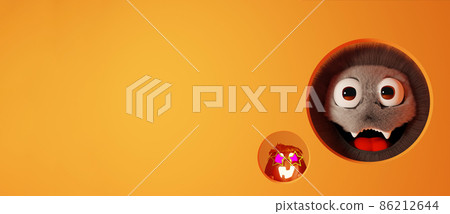 Halloween Funny Little Monster and Pumpkin Peeking out From Behind the Wall. Rendering from 3D. Halloween Funny Little Monster and Pumpkin Peeking out From Behind the Wall. Rendering from 3D. 86212644