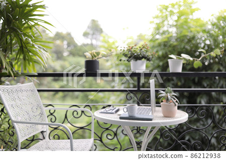 Coffee cup and laptop and Dorstenia plant pot on white metal table Coffee cup and laptop and Dorstenia plant pot on white metal table 86212938