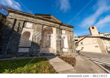 Fountain and Church of San Agostino - Bergamo Upper Town Lombardy Italy Fountain and Church of San Agostino - Bergamo Upper Town Lombardy Italy 86213015