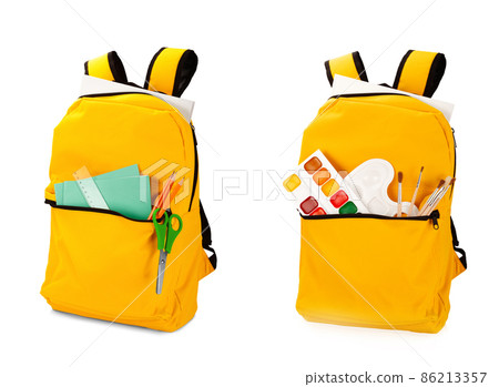 Backpack with Different School Stationery. Isolated on White Background. Back to School Element Template. Backpack with Different School Stationery. Isolated on White Background. Back to School Element Template. 86213357