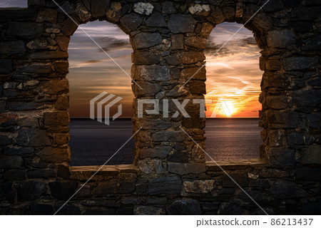 Beautiful sunset over the Sea from the Church of San Pietro - Porto Venere Italy 86213437
