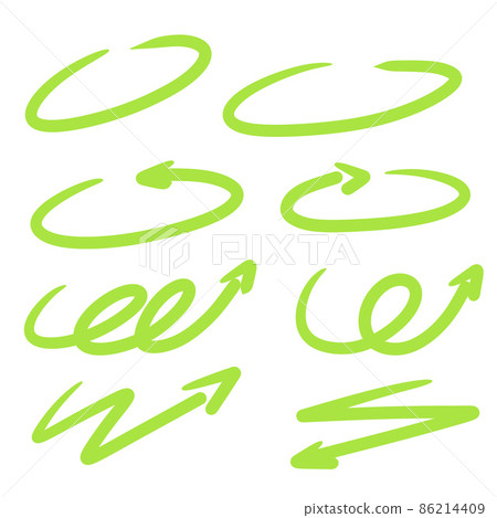 Green arrow. Abstract oval shape. Zigzag and spiral. Round lines. Repetition symbol. Green arrow. Abstract oval shape. Zigzag and spiral. Round lines. Repetition symbol. 86214409