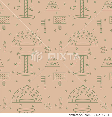 Background with accessories for pets cats. Pattern Doodle pets. Linear food, toys, cat characters for textiles. Love for animals. 86214781