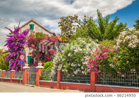 Stone house with flowers in Podstrana village near Split town in Stone house with flowers in Podstrana village near Split town in 86214950