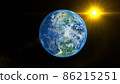Orange sunrise on the earth rotate in space with star in universe. World realistic atmosphere 3D volumetric clouds texture surface.  Elements of this image are furnished by NASA 86215251