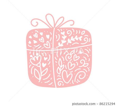 Scandinavian modern gift box with flowers and blossom in hygge style. flourish vector element with hearts for valentine day, romantic love greeting card, wedding holiday Scandinavian modern gift box with flowers and blossom in hygge style. flourish vector element with hearts for valentine day, romantic love greeting card, wedding holiday 86215294
