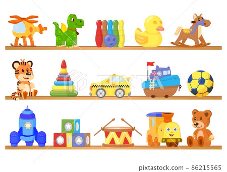Toys on shelves. Toy store background, boat truck, cartoon bear on wooden shelf. Plastic dino, isolated children game decent elements 86215565