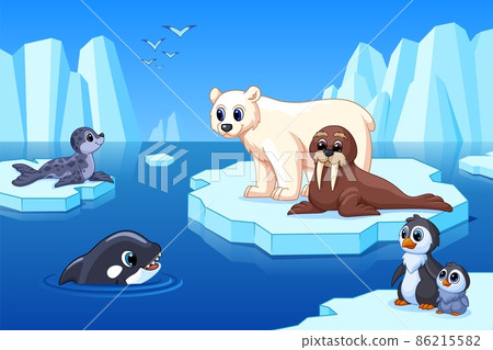 Arctic landscape. North pole glacier, polar bear seal and walrus on ice. Antarctica landscape, iceberg in ocean or sea. Winter freeze garish background Arctic landscape. North pole glacier, polar bear seal and walrus on ice. Antarctica landscape, iceberg in ocean or sea. Winter freeze garish background 86215582