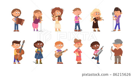 Child musicians. Kids with microphone, cartoon singer and musician. Children play on musical instruments, cartoon concert decent characters Child musicians. Kids with microphone, cartoon singer and musician. Children play on musical instruments, cartoon concert decent characters 86215626