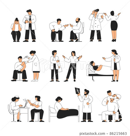 Doctor with patients. Woman examining man, patient meet with doctors. Hospital person, wellbeing and healthcare. Medical recent characters 86215663
