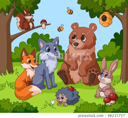 Cute animal in forest. Cartoon animals, children drawing woodland background. Funny squirrel, rabbit bear fox near tree garish illustration 86215757