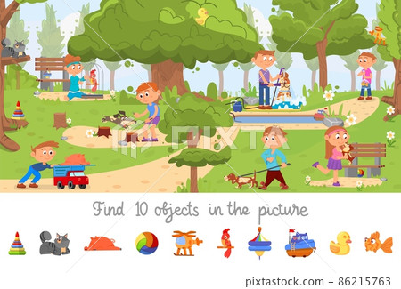 Hidden object game. Puzzle location, find objects picture for kids. Children in park with dogs. Searching visual brain teaser decent scene Hidden object game. Puzzle location, find objects picture for kids. Children in park with dogs. Searching visual brain teaser decent scene 86215763