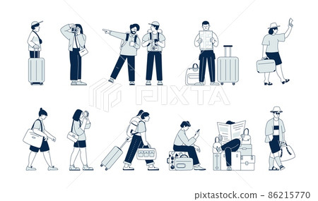 Touristic characters set. Travel man, travelling people with luggage. Young hipster, tour group. Vacation man woman with suitcase recent collection Touristic characters set. Travel man, travelling people with luggage. Young hipster, tour group. Vacation man woman with suitcase recent collection 86215770